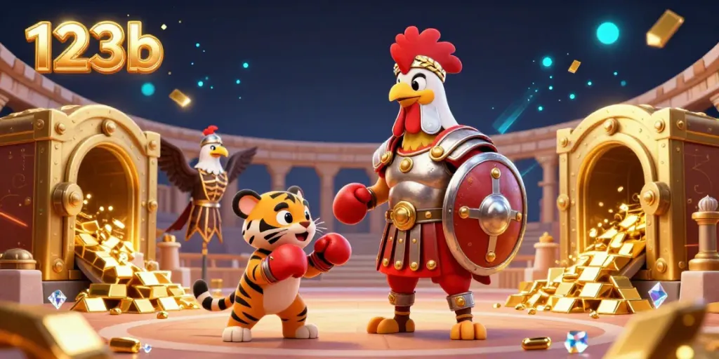 Experience vibrant 123b casino action with a dynamic gladiator rooster and treasure scene.