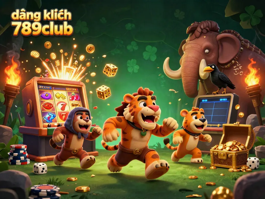 Play and win at đăng ký 789club with a thrilling casino scene of cartoon characters and slot machines.