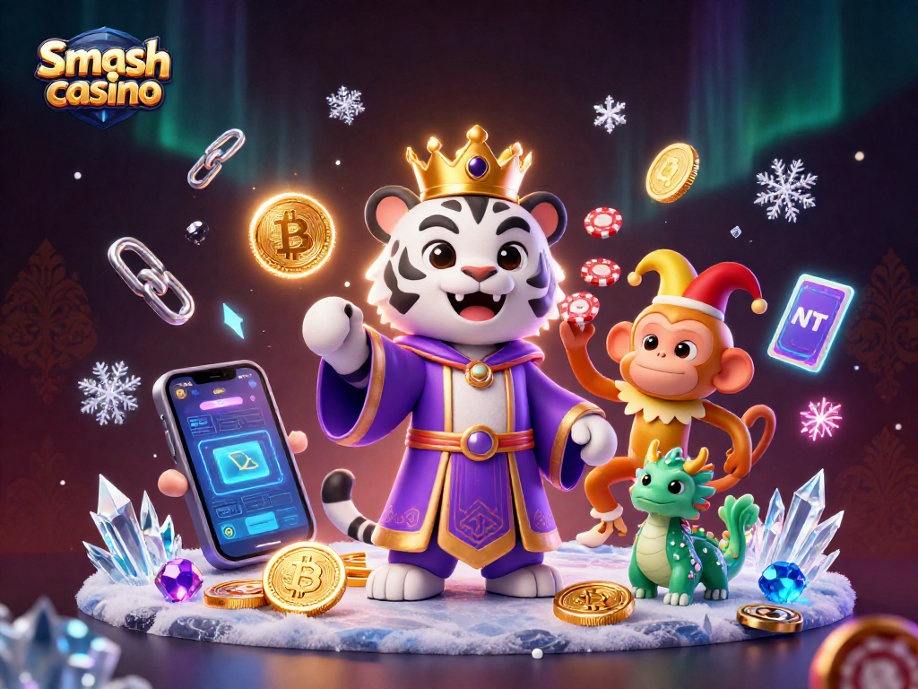 Engage with Smash casino through a vibrant 3D illustration featuring a royal tiger and playful monkey amidst crypto elements.