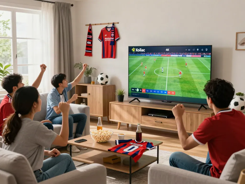 Friends celebrating while watching soccer on Xoilactv in a vibrant living room.