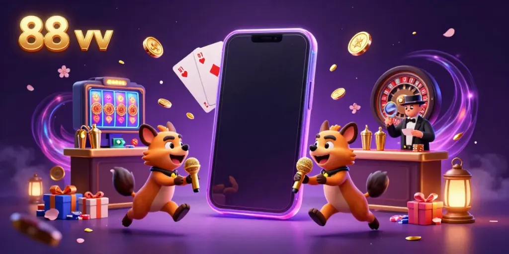 Hyenas entertain in a vibrant casino scene, showcasing the 88 vv brand with exciting gaming elements.