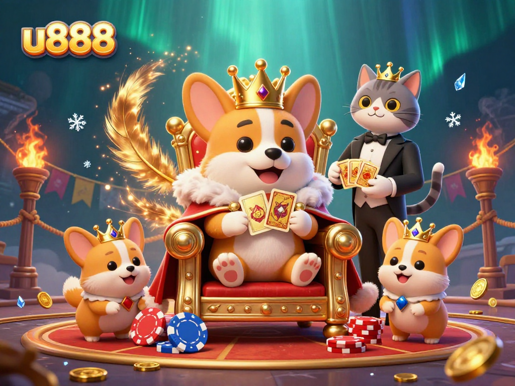 Experience the vibrant world of u888 with a royal corgi atop poker chips, amid exciting casino elements.