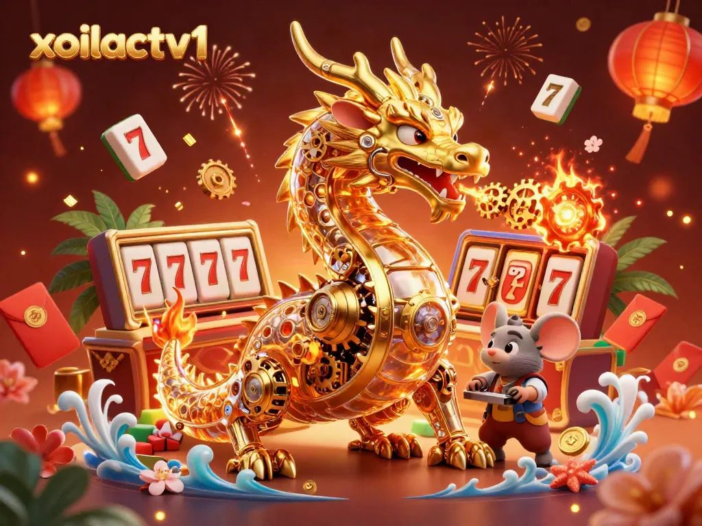 Xoilactv1 showcases a dragon amidst golden gears and casino elements for an exciting gambling scene
