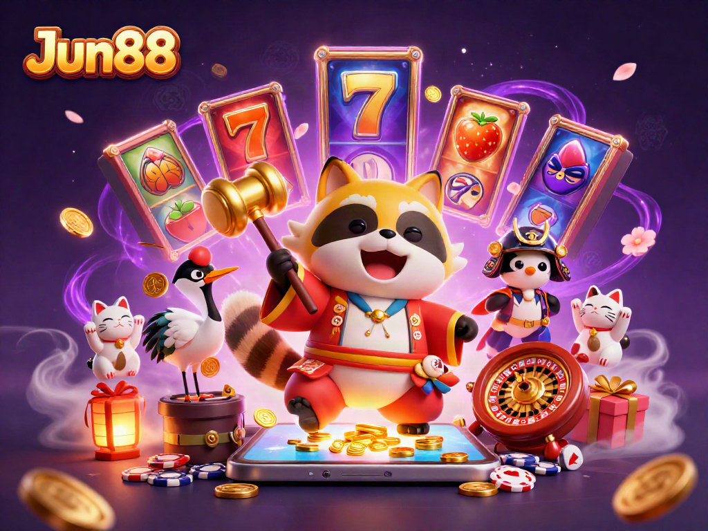 Experience vibrant slot games at Jun88 with a cheerful tanuki, samurai crane, and fortune cats.
