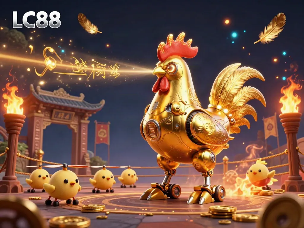 Experience the excitement of LC88 with a vibrant scene featuring a golden rooster robot and betting tokens.