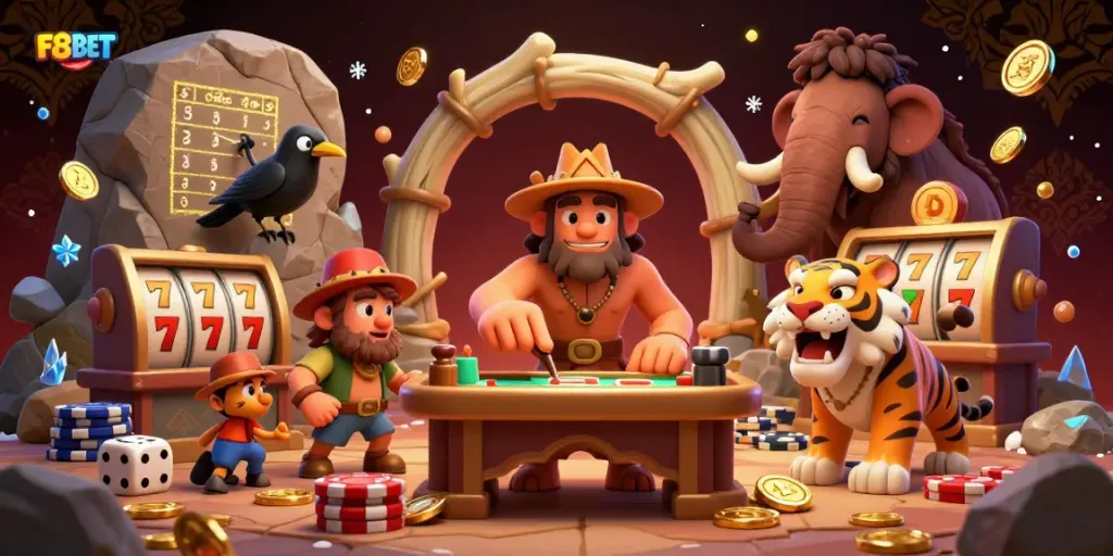 Engage with F8BET in a vibrant prehistoric casino scene featuring a caveman and sabertooth tiger.