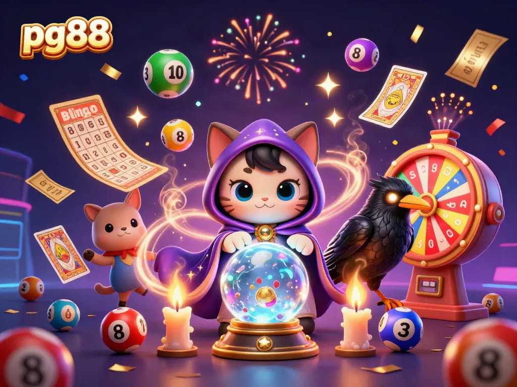 Engaging pg88 casino scene with mystic cat, raven, lottery elements, and vibrant visuals.