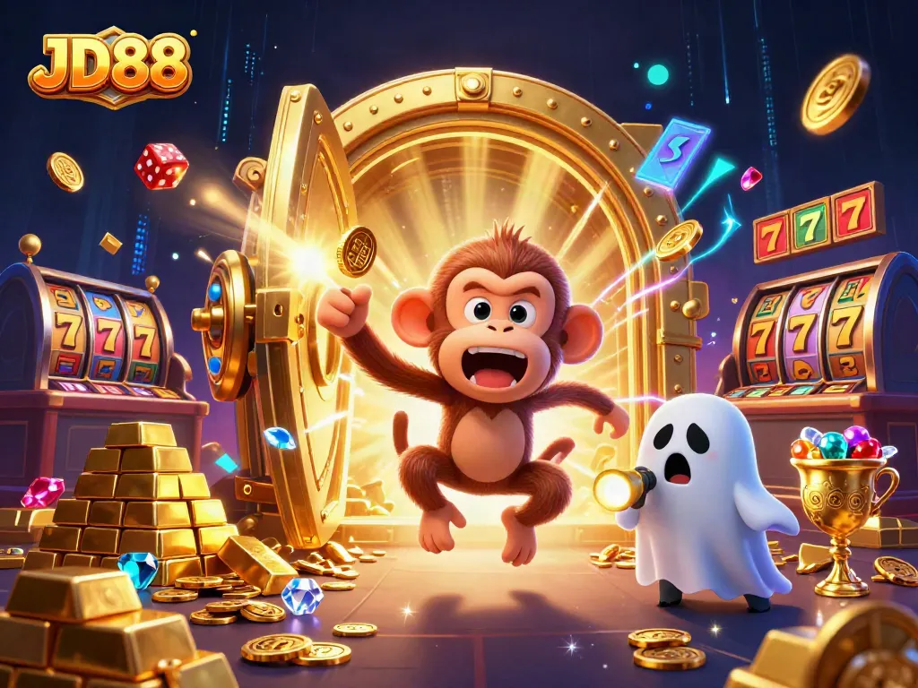 JD88 excitement in a haunted casino with a mischievous poltergeist monkey and ghost-hunter puppy illuminated by golden treasures.