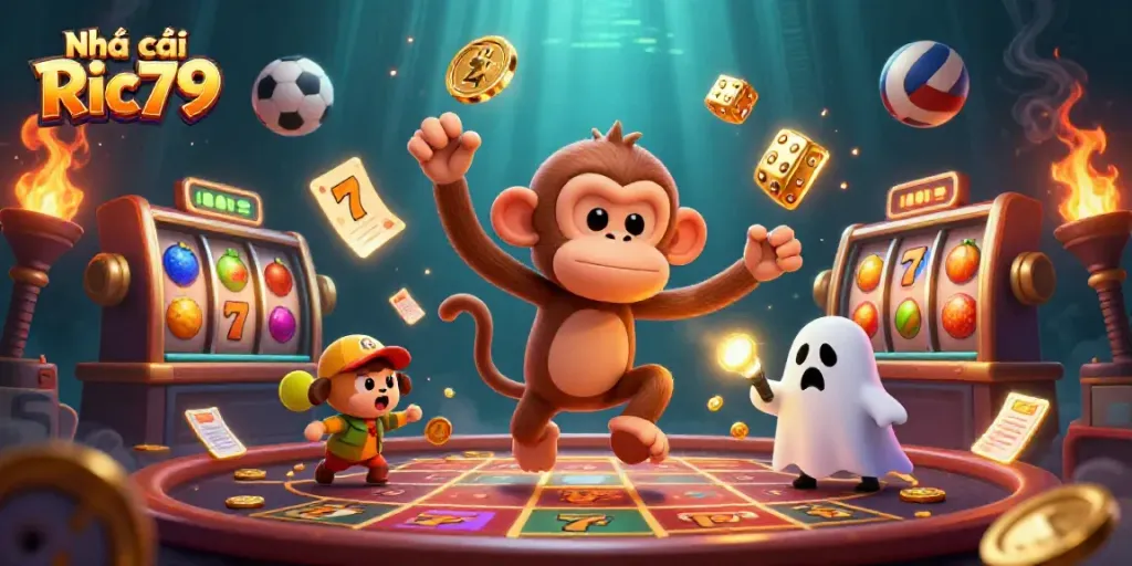 Experience the thrill of Nhà cái Ric79 with golden coins and animated slot reels in this captivating illustration.