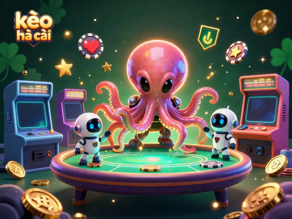 Experience thrilling moments with kèo nhà cái at a holographic poker table, alongside a friendly robot and vibrant casino elements.
