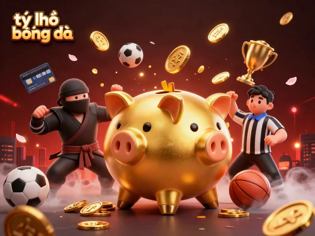 Engage with tỷ lệ bóng đá odds analysis featuring a golden piggy bank sumo wrestler, wallet-ninja, and samurai referee.