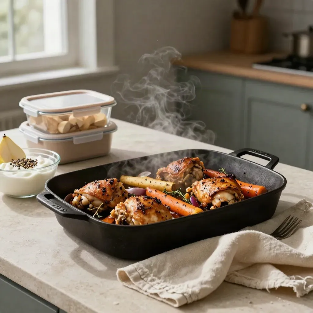 Steaming roast chicken pan with root veg, meal-prep boxes and yogurt bowl on pale stone.