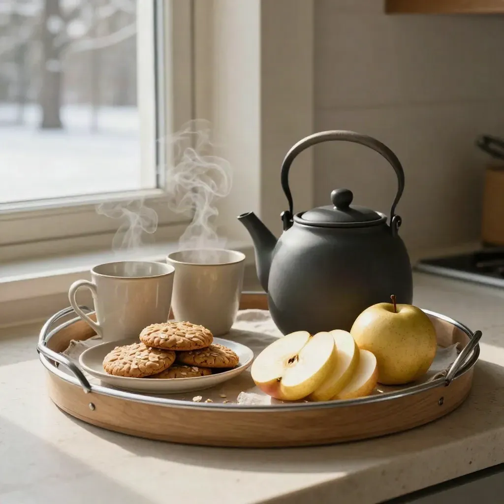 Charcoal tea tray with teapot, mugs, oat biscuits and sliced fruit in winter light.