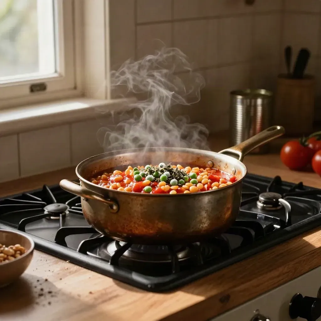 Low hob-height view of tomato lentil pasta with tins, herbs, peas and steam.