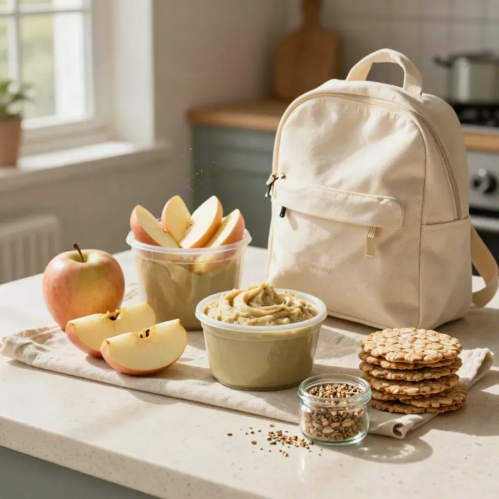 Snack pots of apple wedges, hummus, oatcakes and seeds on linen beside lunch bags