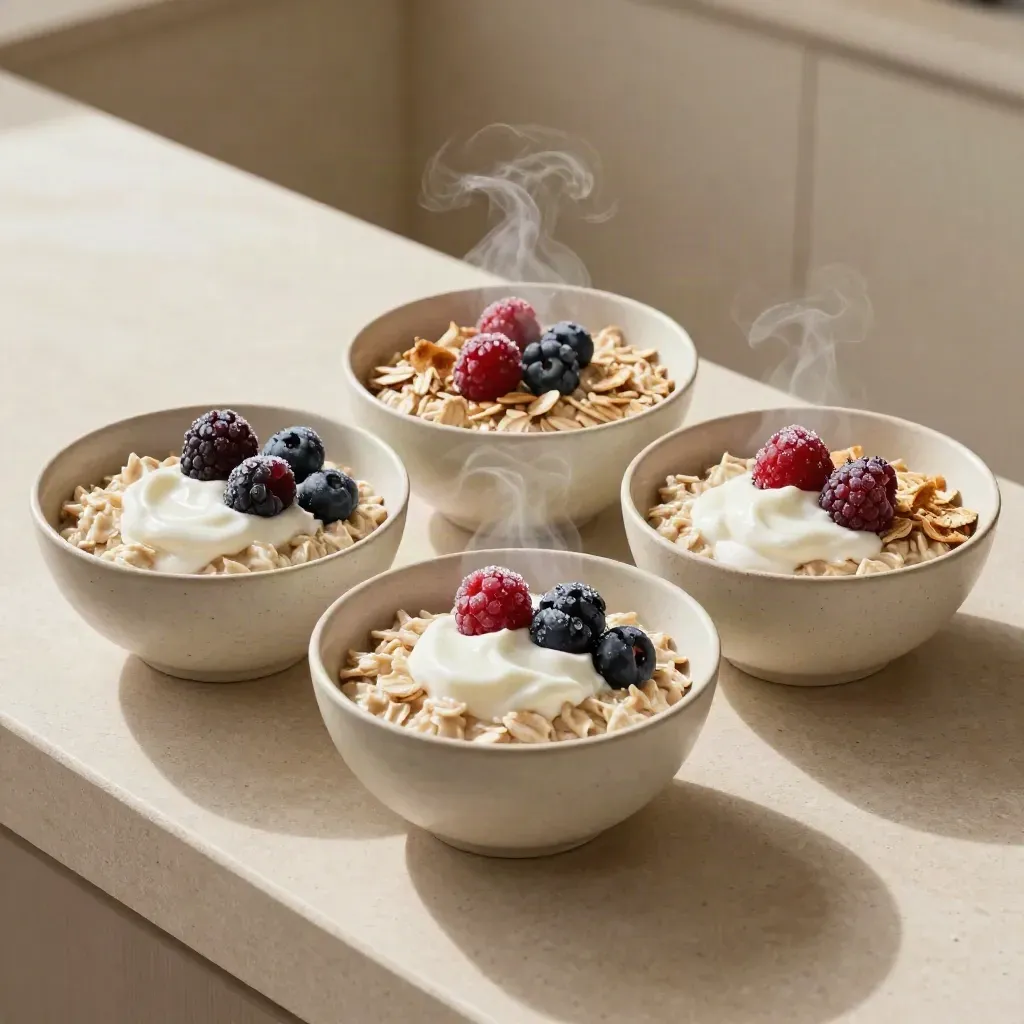 Three steaming breakfast bowls of oats, yogurt, and berries on pale stone.