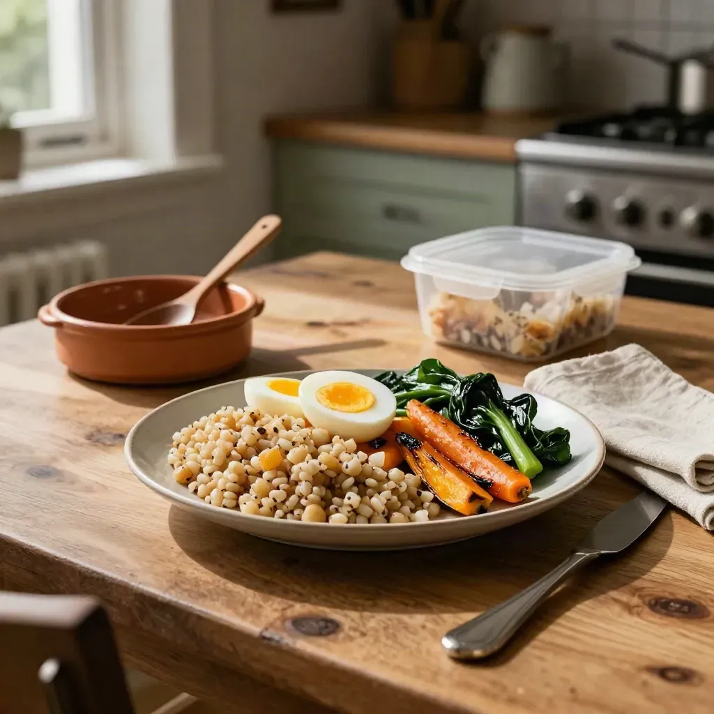 Lunch plate with grains, roasted veg, boiled egg and greens on a wooden kitchen table.