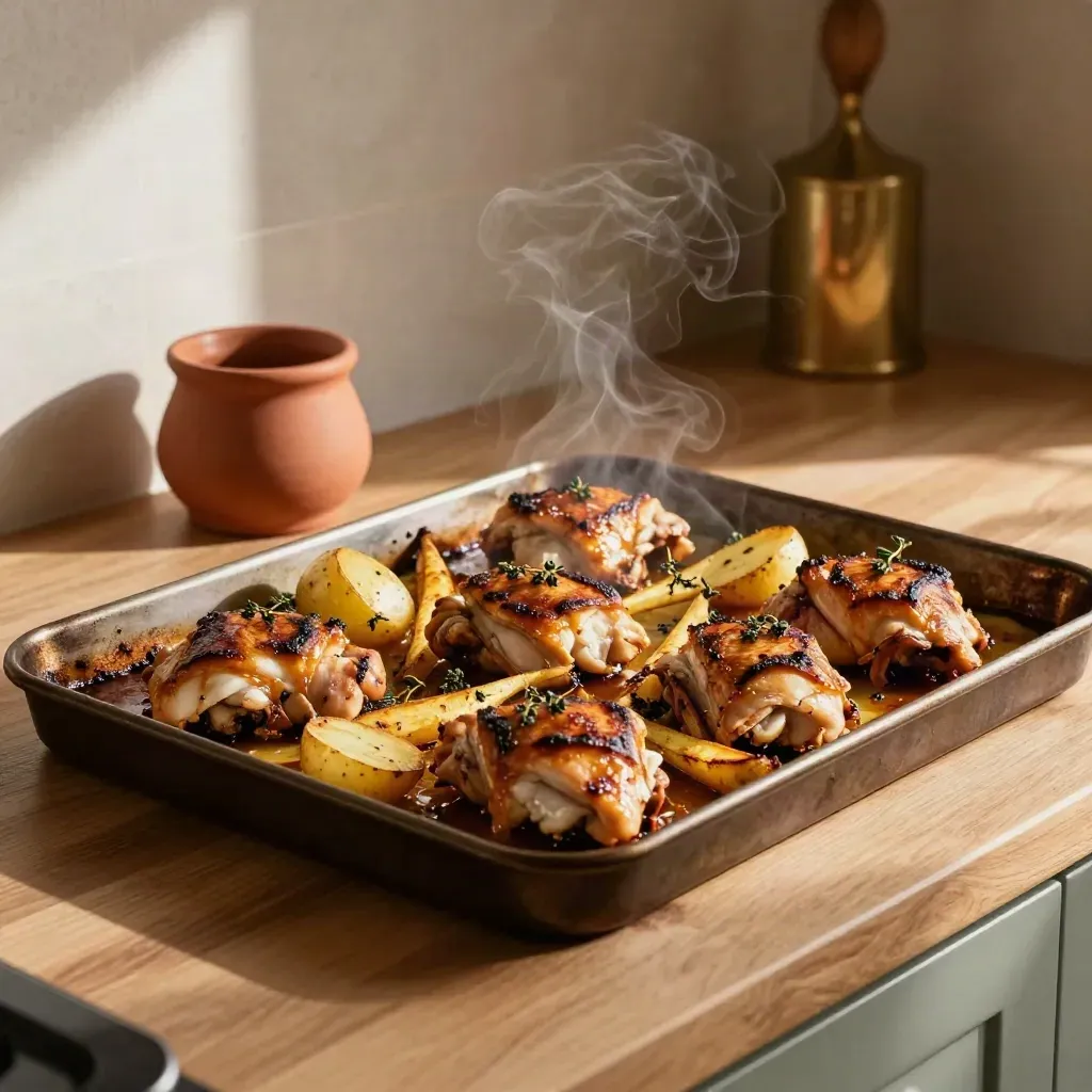 Steaming roast chicken tray bake with parsnips and potatoes, just out of the oven.