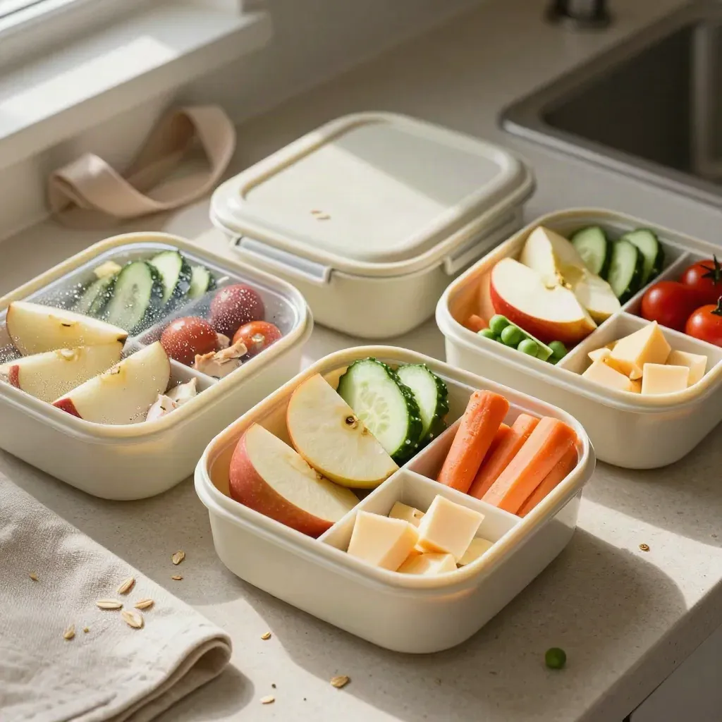 Top-down of three packed lunch boxes with fruit, veg sticks, cheese and a freezer pack.