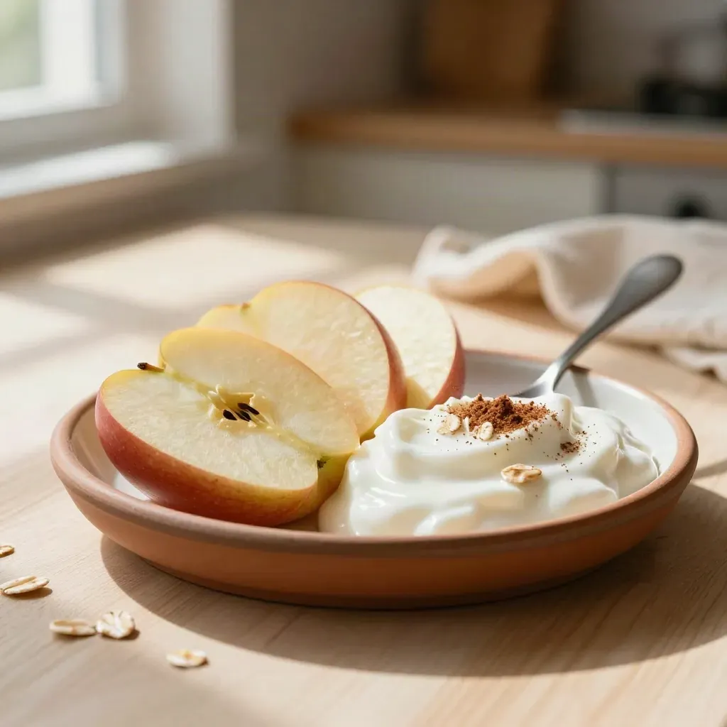 Fanned apple slices with glossy yogurt dip, oats and cinnamon on a terracotta-rimmed plate.