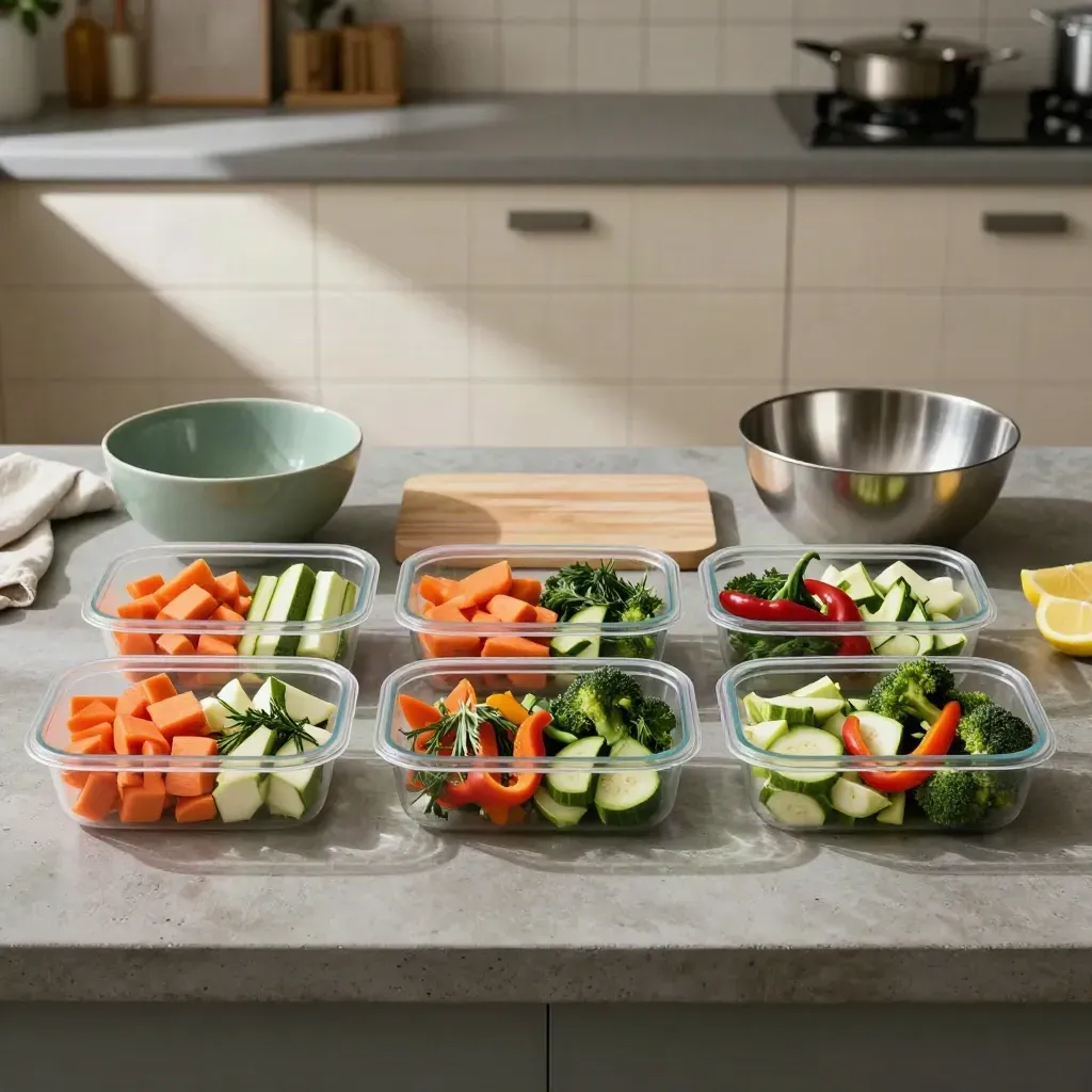 Top-down meal-prep counter with containers, chopped vegetables and two bowls in a grid
