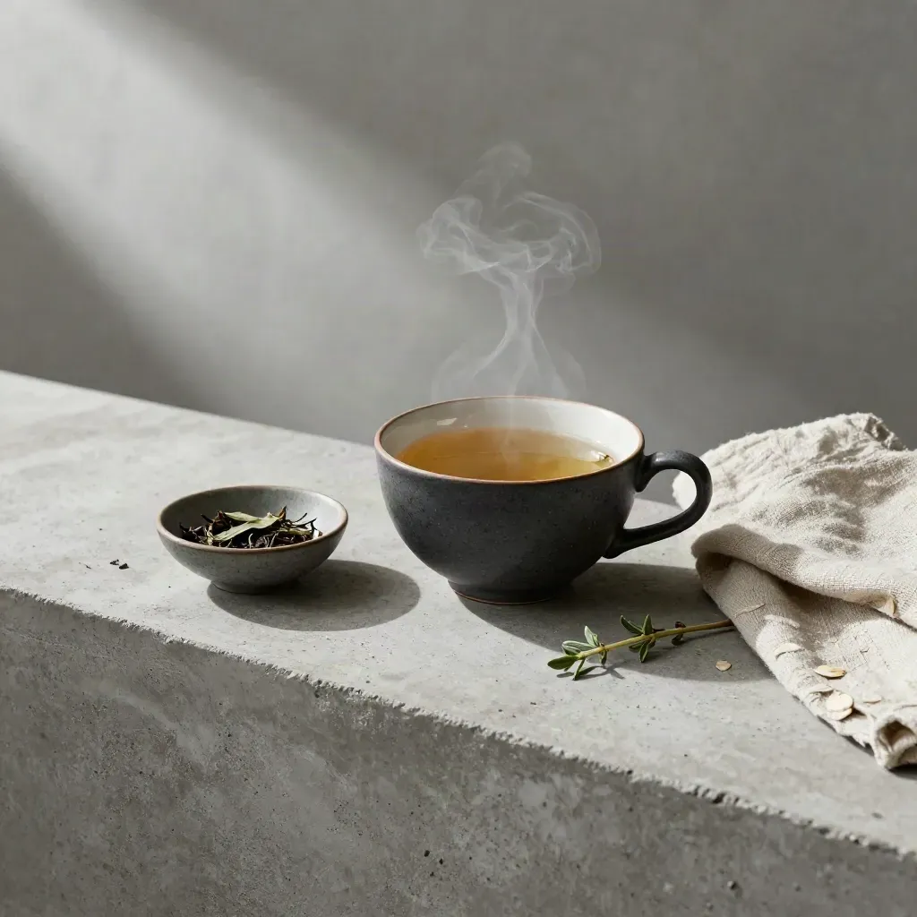 Herbal tea cup with steam, small bowl, linen cloth and herb stem on stone
