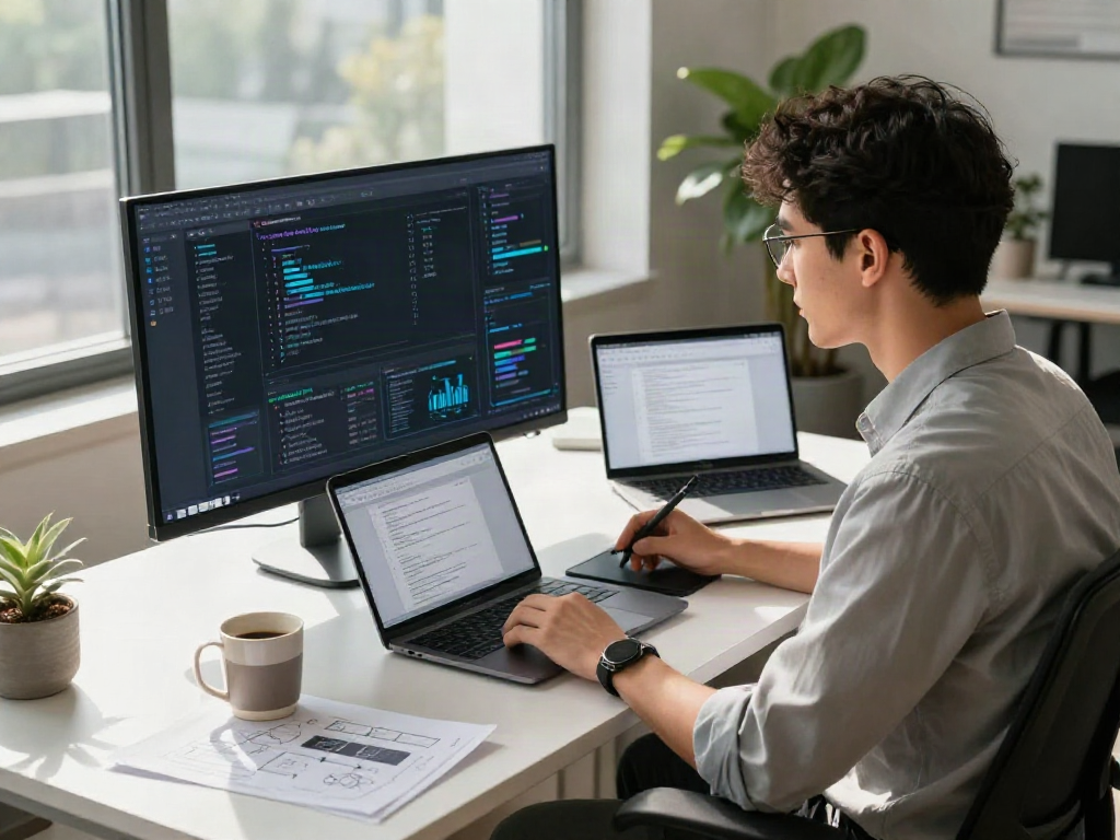 AI developer analyzing nsfw ai trends in modern office space with tech gadgets.
