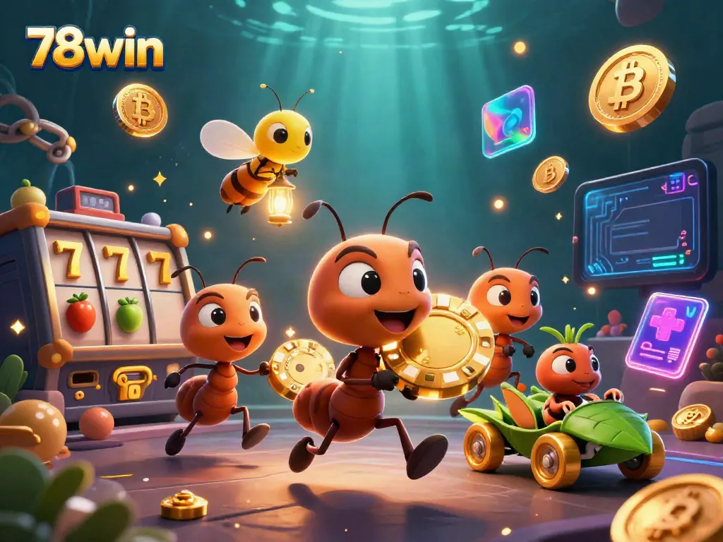Engaging scene of ants and a grasshopper celebrating a heist at 78win casino, featuring vibrant gambling elements.