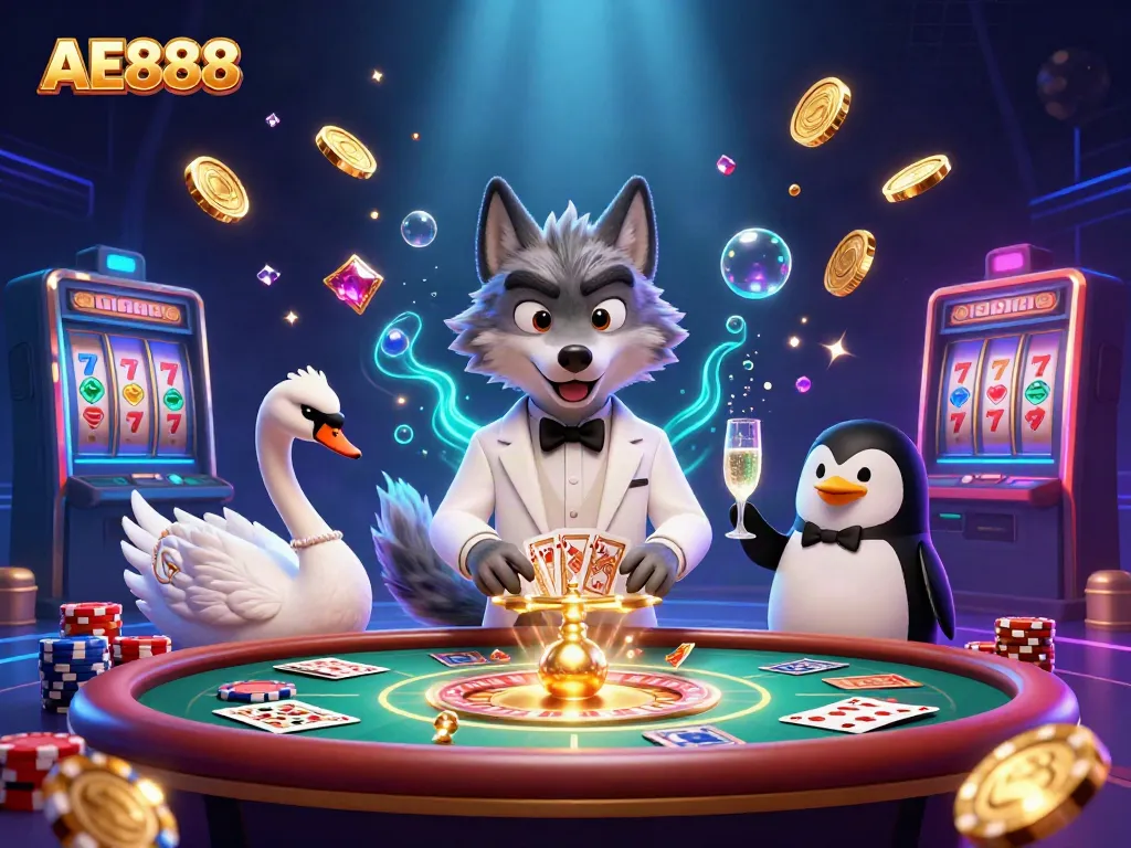 Experience gaming excitement with AE888 featuring a wolf, swan, and penguin in a vibrant casino scene.