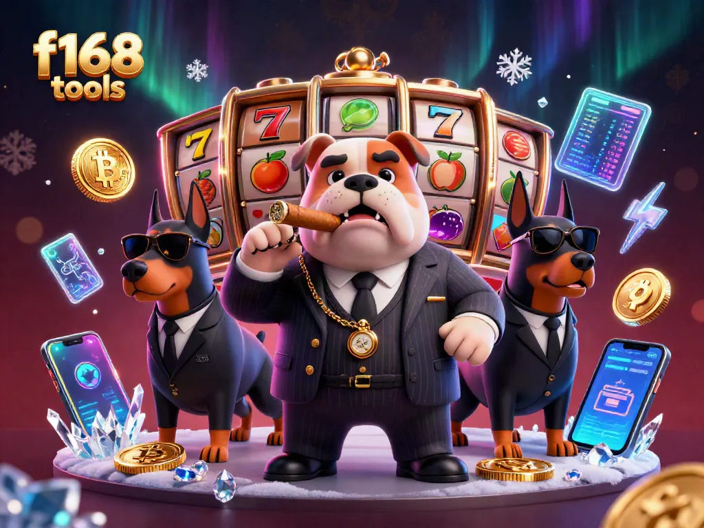 Engage with f168 tools in a dynamic casino scene featuring a mafia bulldog and slots