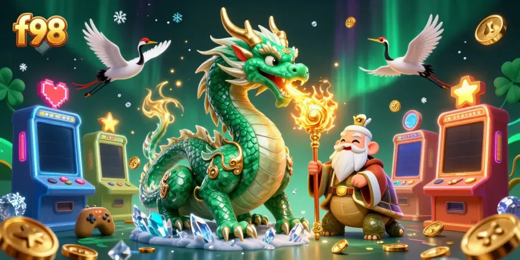 Engage with f98 casino elements featuring a dragon, turtle sage, and cranes amidst vibrant gaming graphics