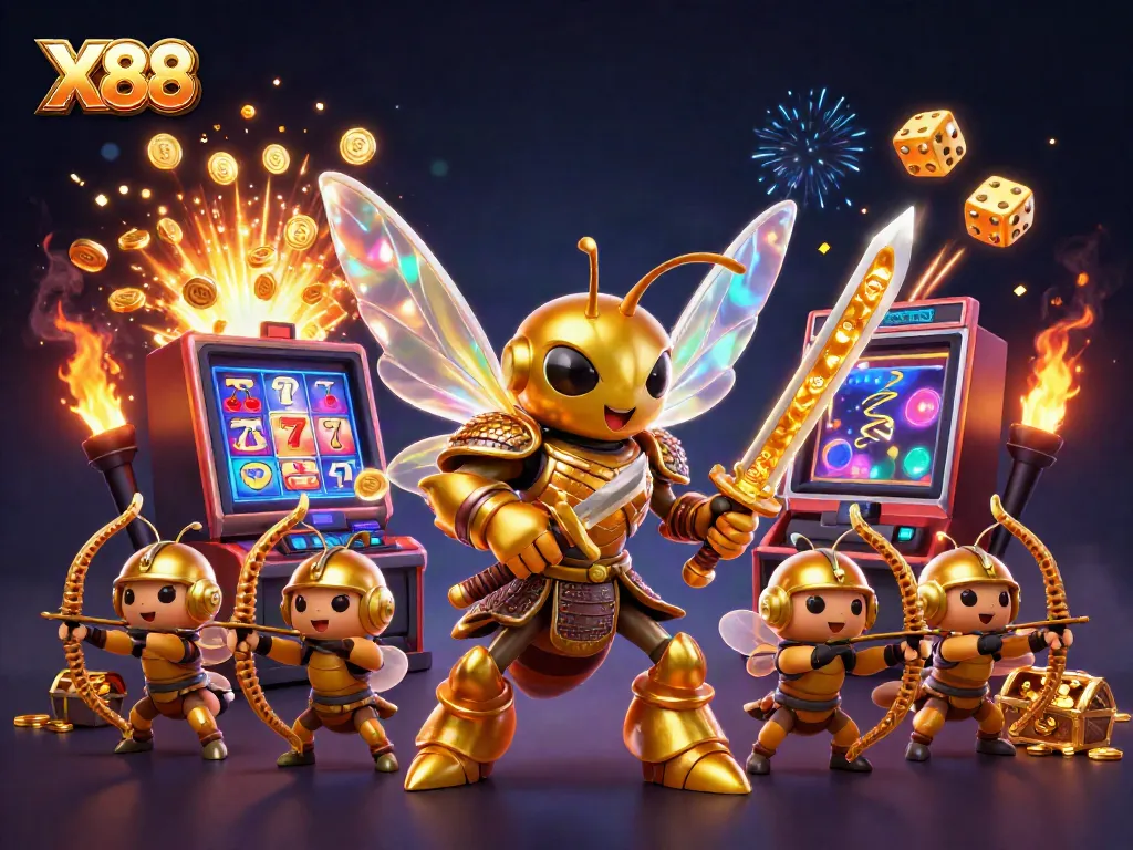 X88 showcases a dynamic scene with a golden hornet samurai and a jackpot explosion at a casino.