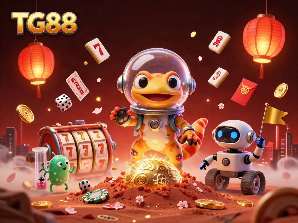 Experience the thrill of TG88 with a Martian gecko discovering a golden casino in a vibrant, dynamic scene.
