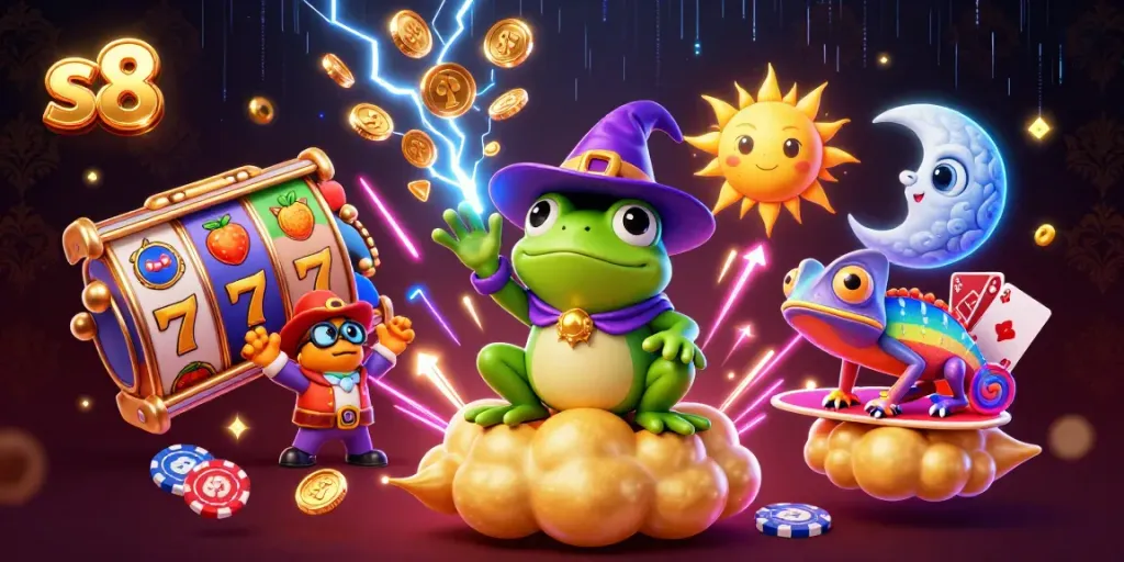 Experience the thrill of s8 with a vibrant 3D casino scene filled with coins, chameleons, and mystical elements.