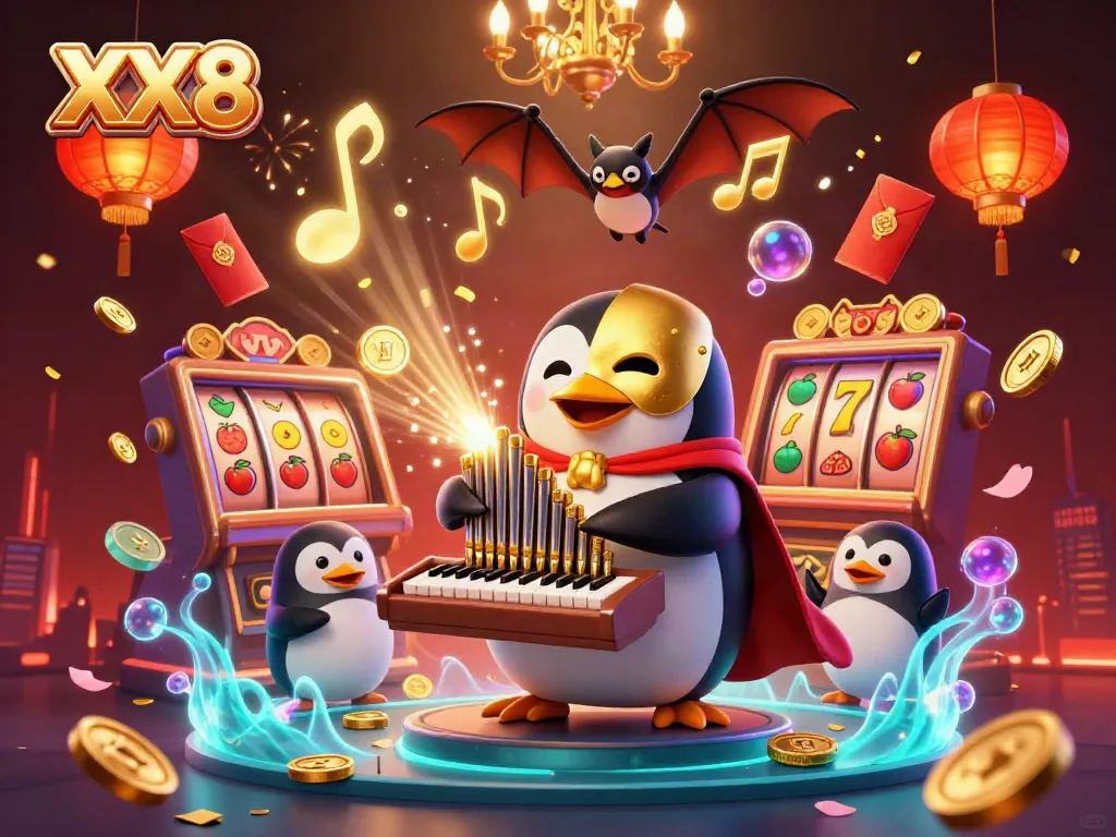 Experience the excitement of XX8 with a vibrant 3D casino scene featuring a joyful penguin and slot reels.