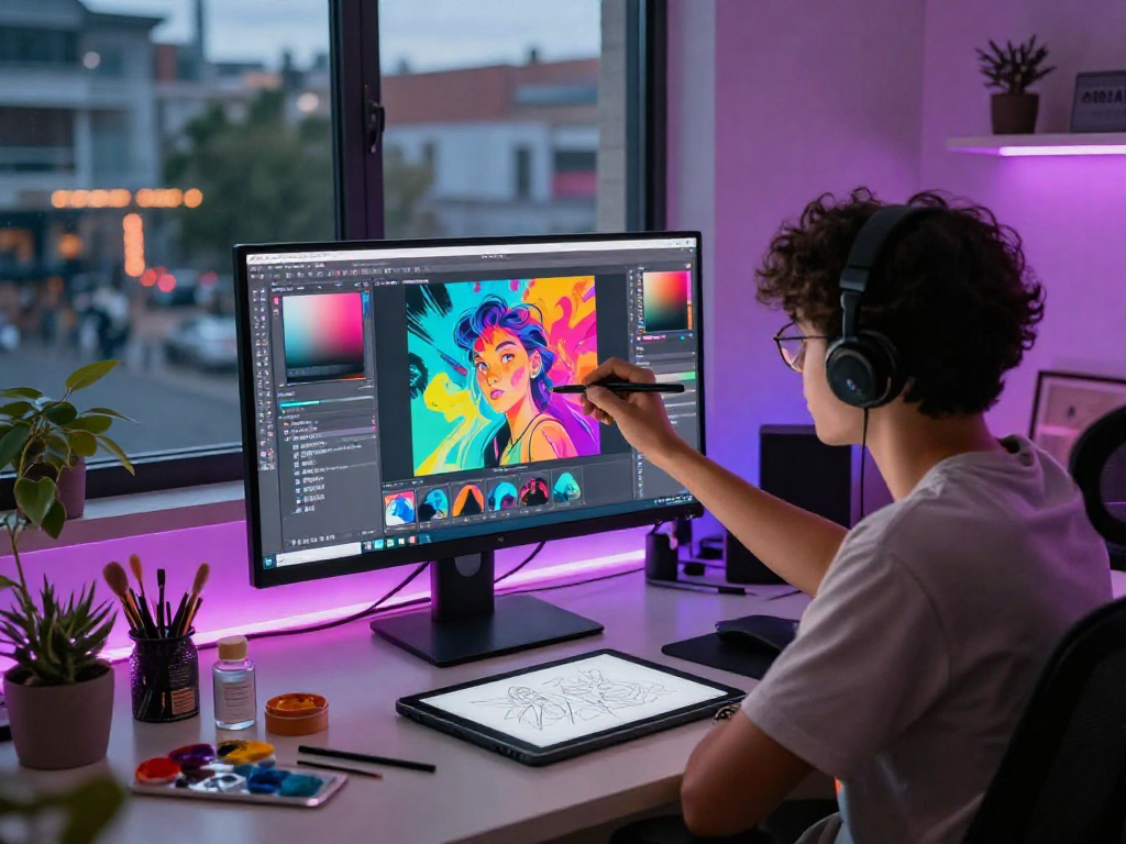 Artist creating innovative nsfw ai artwork in a vibrant digital studio setting.