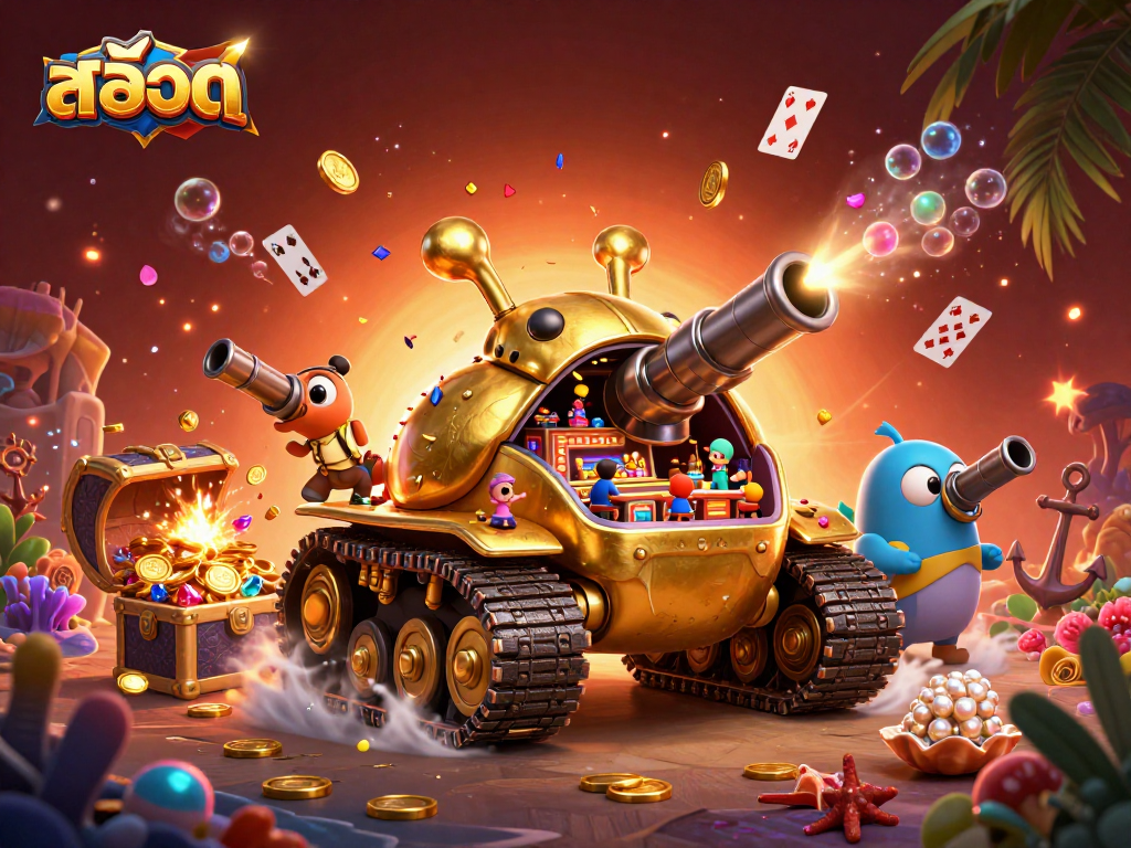 Experience the thrill of สล็อต with an illustrated mini casino in a golden beetle tank.