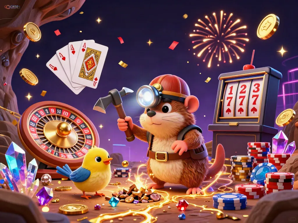 Engaging GK88 gambling visualization featuring a treasure hunter mole and canary surrounded by gold coins and casino elements.