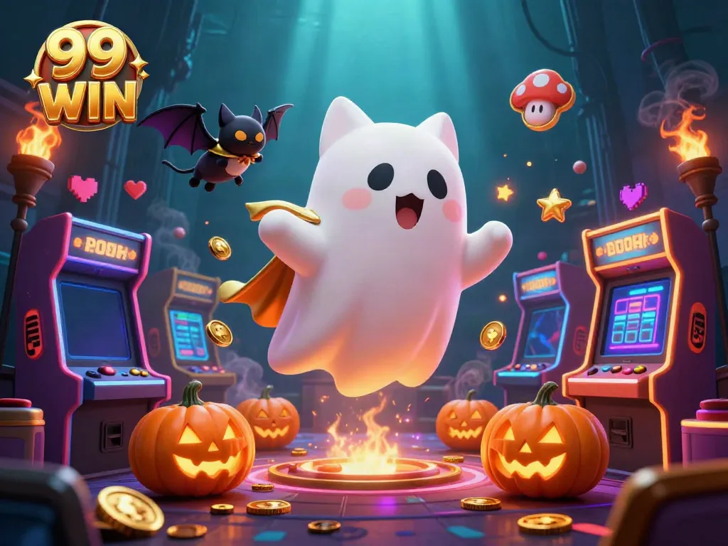 Experience the thrill of 99 WIN with a friendly ghost cat and vampire bat in a haunted casino setting.