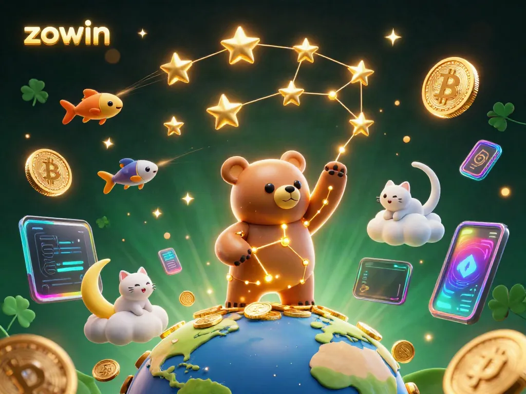 Zowin captivates with a constellation bear scooping coins in a vibrant, dynamic casino-themed 3D scene.