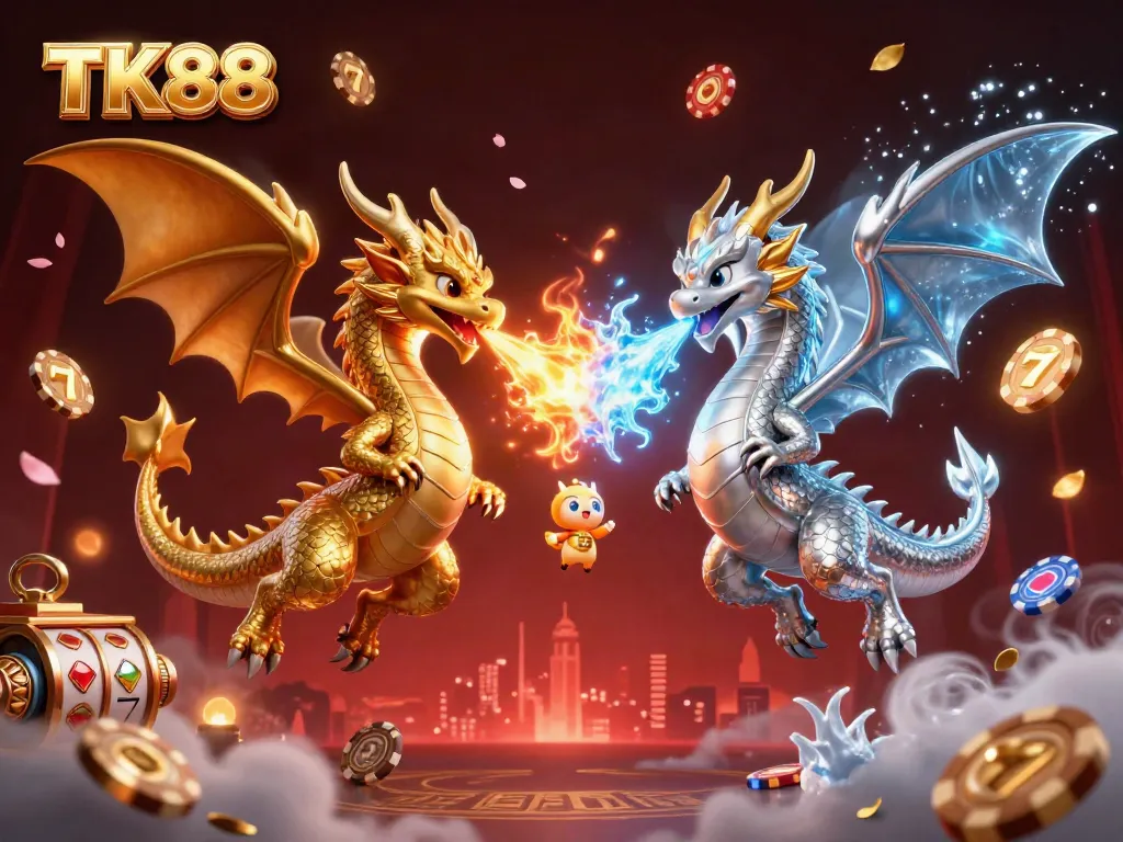 Experience TK88's dynamic casino world with intertwined dragons and glowing slot reels.