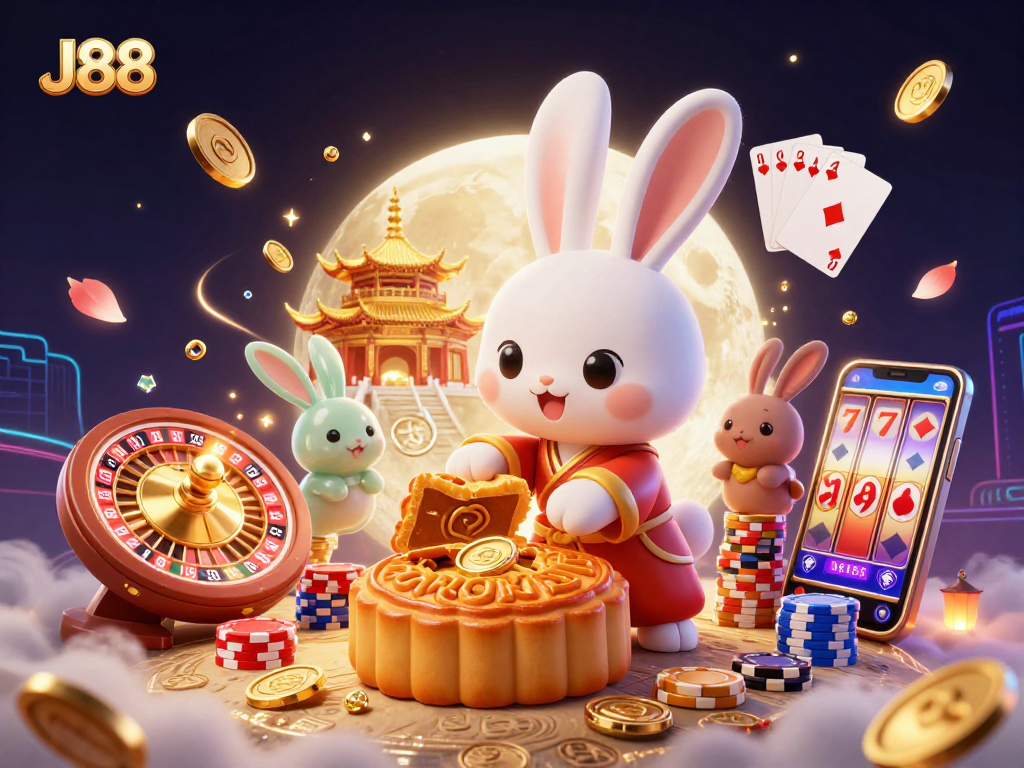 J88 offers vibrant 3D heaven imagery of moon rabbit winning chips, celebrating casino fun.
