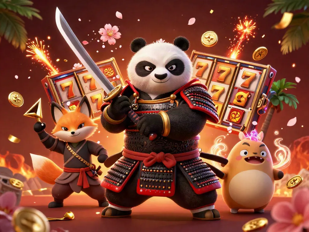 Experience exhilarating gameplay at bay789 with a vibrant samurai panda, a ninja fox, and slot games in a stunning 3D casino scene.