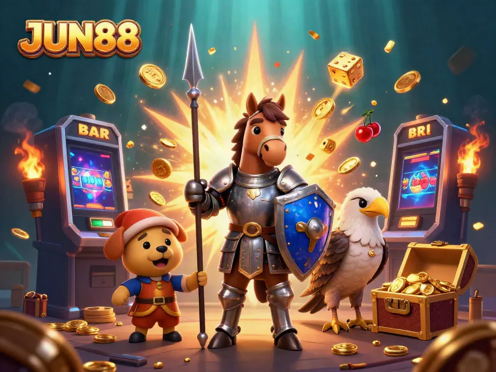 Experience dynamic gaming action with JUN88's vibrant slots and casino elements illustrated in 3D.