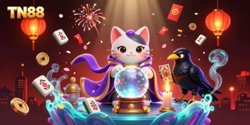 Experience the magic of TN88 with a mystical scene featuring a fortune teller cat and casino elements.