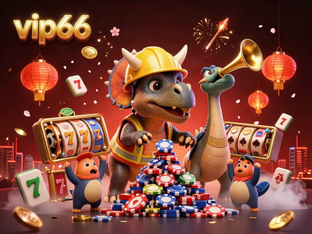 Celebrate with the vibrant casino action of vip66, featuring joyful characters amidst floating slot reels and golden accents.