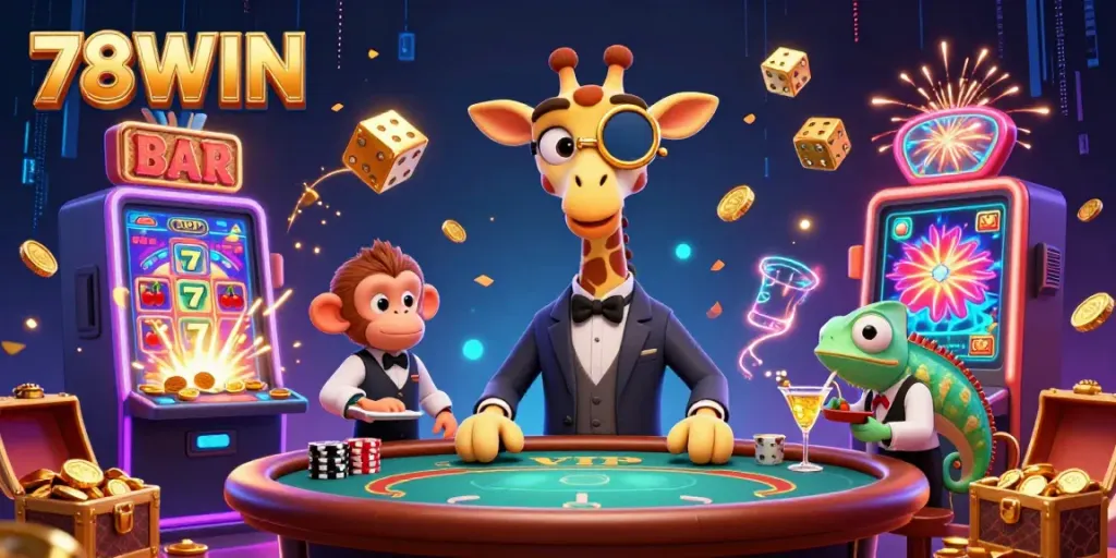 Experience the fun of 78WIN with a cartoon giraffe at a poker table surrounded by casino excitement.