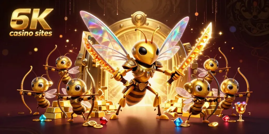 Engage with top credit card casino sites featuring vibrant, dynamic illustrations of samurai bees guarding treasures.