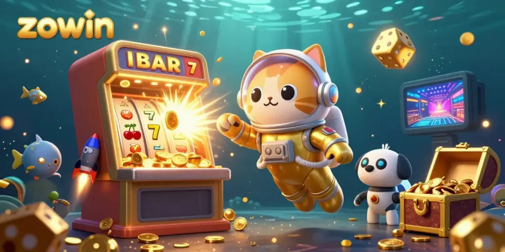 Zowin’s vibrant 3D casino scene bursts with joy, showcasing a jackpot explosion and dynamic symbols.