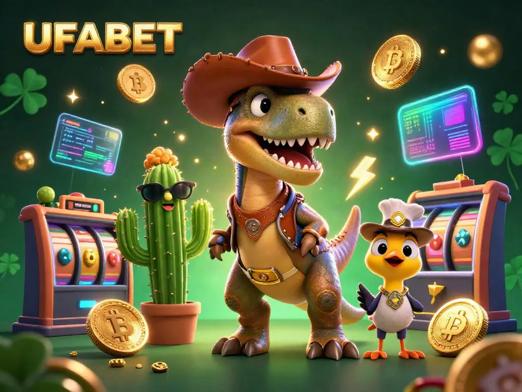 UFABET transforms the gaming experience with a vibrant scene showcasing a cowboy dinosaur, cactus, and roadrunner amidst dynamic slot machine elements.